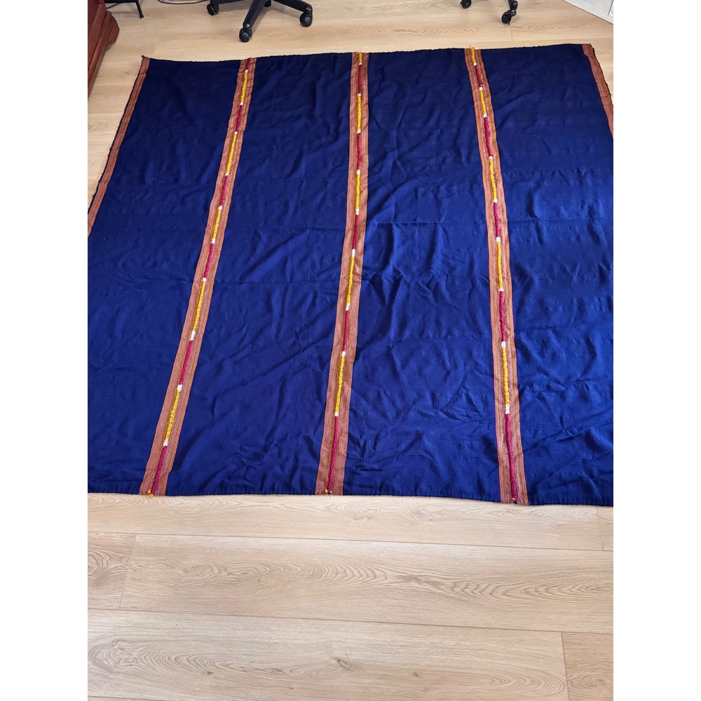 Vintage Handwoven Indigo Blue Tribal Textile Striped Embroidered Throw Blanket